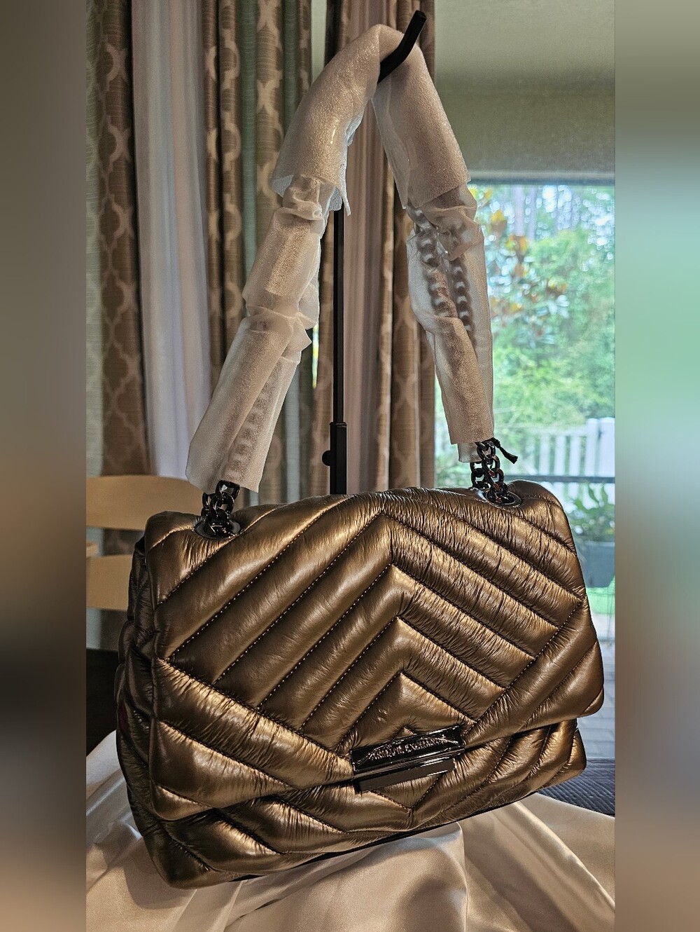 NWT Armani Exchange Metallic Gunmetal Quilted Chain Shoulder Bag